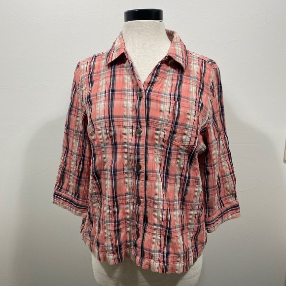 Christopher & Banks Tops - Christopher & Banks Petite XL Coral Plaid‎ 3/4 Sleeve Snap Front Shirt Western